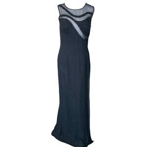 VTG Scala 100% Silk Black Beaded Evening Gown Mesh Cut Out Y2K Fairy Whimsigoth